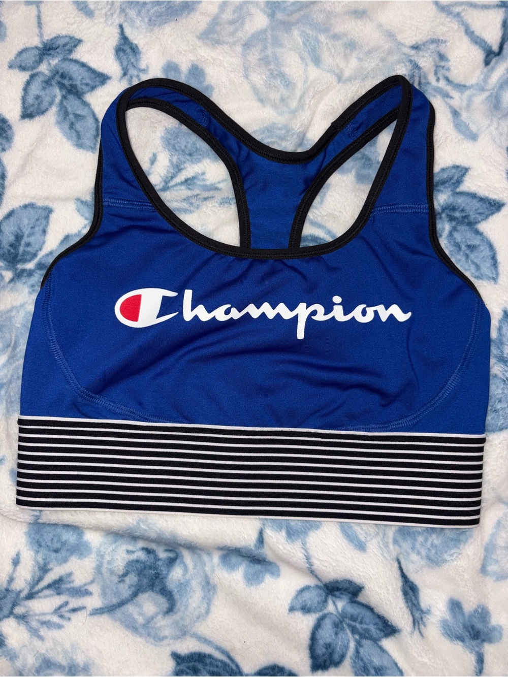 Champion Blue Racerback Sports Bra with Black & White Striped Band